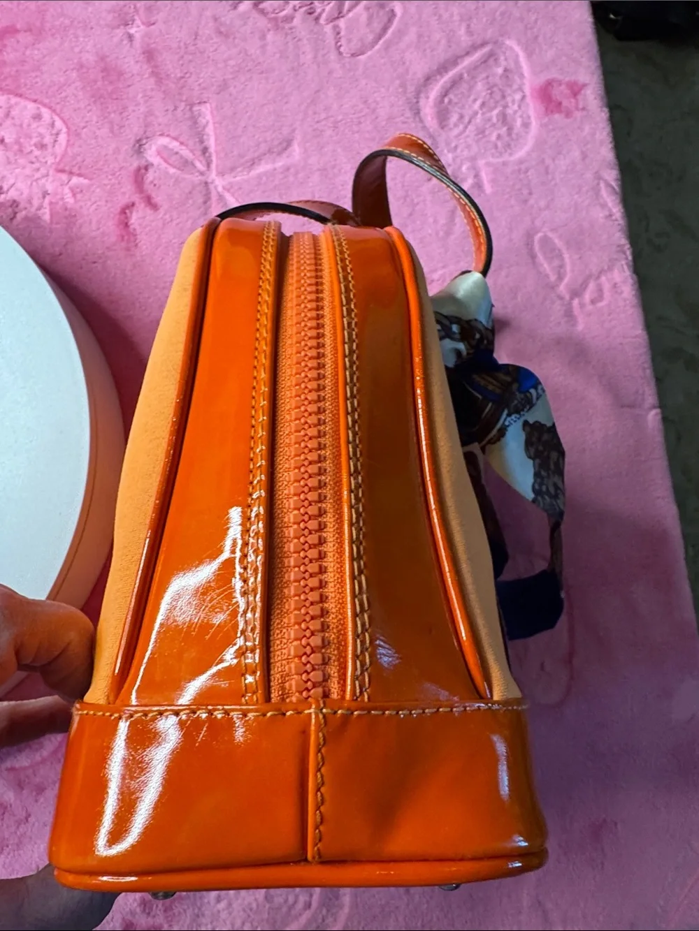 Gucci Coral Canvas & Orange Patent Leather TopZip Satchel/Crossbody Bamboo Pulls